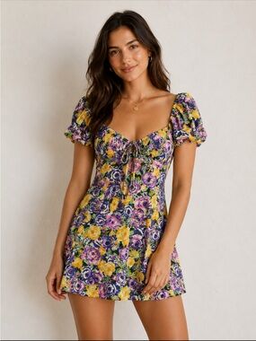 Zara Purple & Yellow Floral Tie-Front Puff-Sleeve Mini Dress